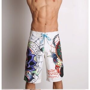 Ed Hardy x Christian Audigier Time Bomb Board Shorts in Cream. Love Kills. 32